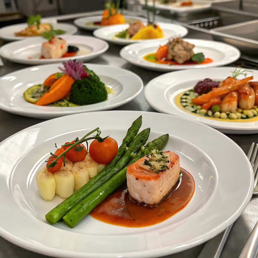 Variety of elegantly plated steamed dishes